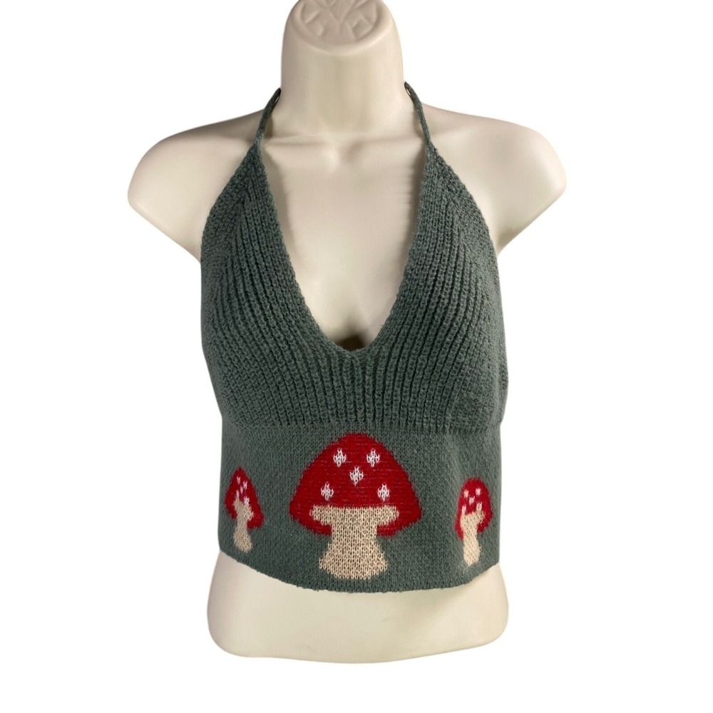 Unbranded Mushroom Halter Top Medium Sage Green Knit Whimsigoth Fairy Goblincore